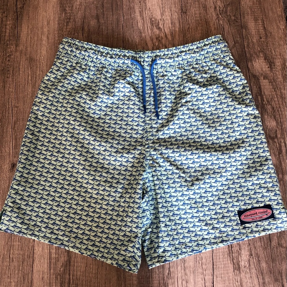 Vineyard Vines Light Blue & green Shark-Pattern boys  Swim Trunks